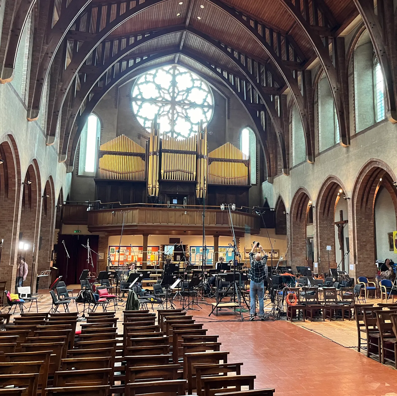 A recording session set up in the church