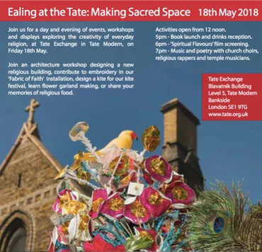 Flyer for Ealing at the Tate: Making Sacred Space, with a photo of a colourful garland