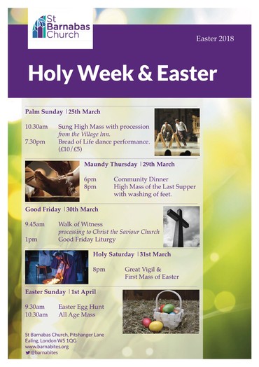 Poster listing Holy Week and Easter 2018 service times, with photos of the services
