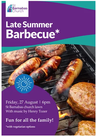 Poster for the Late Summer Barbecue, with grilled sausages and burgers