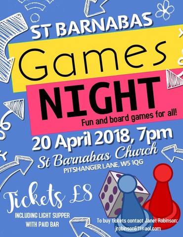 Poster for St Barnabas Games Night, 20 April 2018