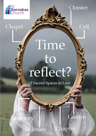 Poster for '7 Sacred Spaces in Lent' showing a person holding an ornate mirror