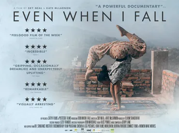 Poster for the documentary Even When I Fall, showing a circus performer mid-handstand on a rooftop