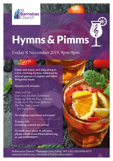 Poster advertising Hymns & Pimms on Friday 8 November 2019, with a drink glass and fruit