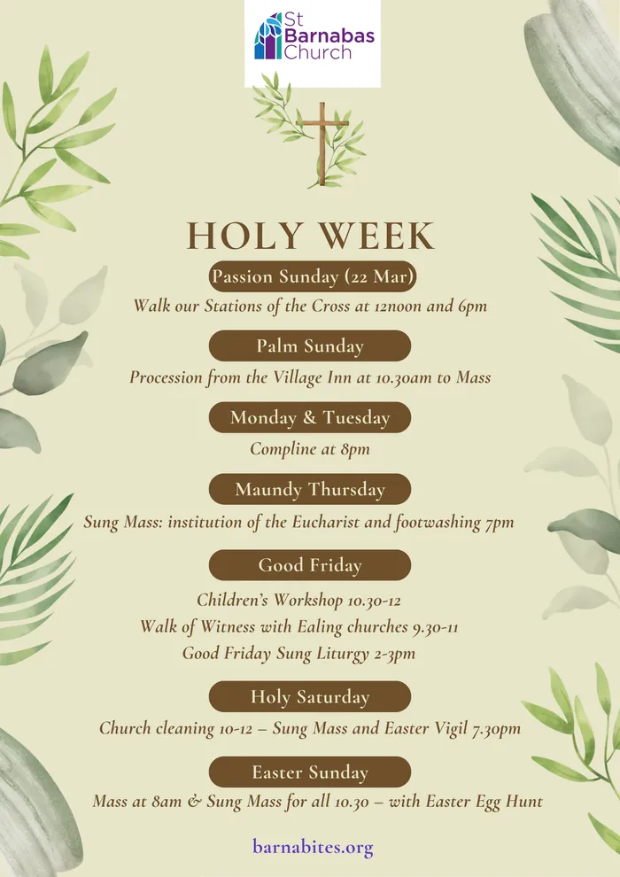 Poster listing the Holy Week service times, from Palm Sunday to Easter Day