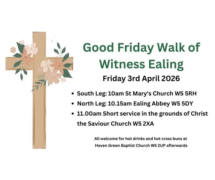 Poster for the Good Friday Walk of Witness Ealing, with route times and a flower-decorated cross