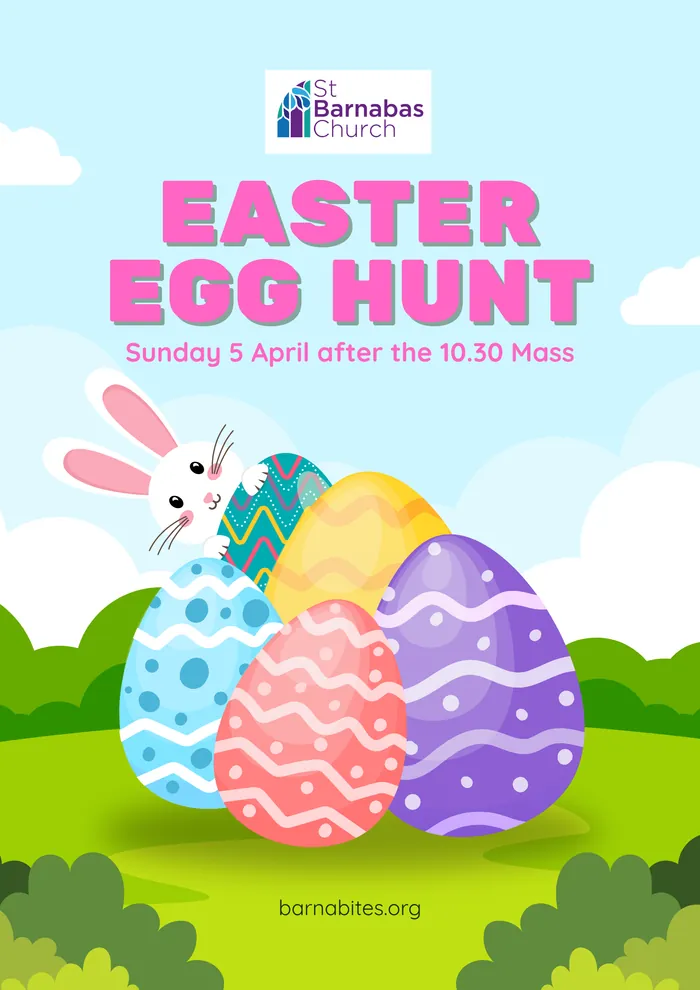 Poster advertising the Easter Egg Hunt on Sunday 5 April, with a cartoon rabbit and eggs