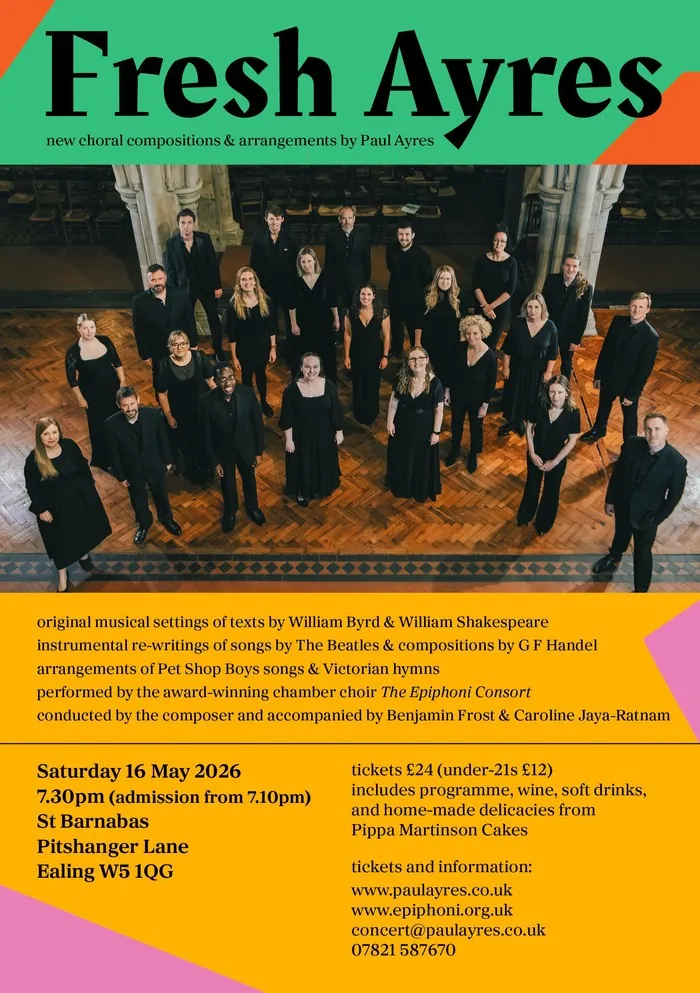 Poster for the Fresh Ayres concert, with a group photograph of the choir in black