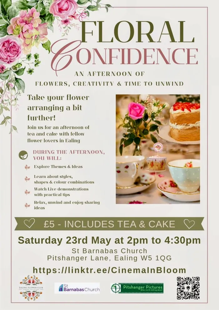 Poster for the Floral Confidence flower-arranging afternoon, with a photo of tea, cake and flowers