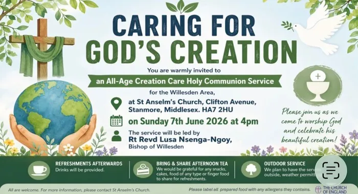 Poster advertising a Caring for God's Creation service at St Anselm's Church