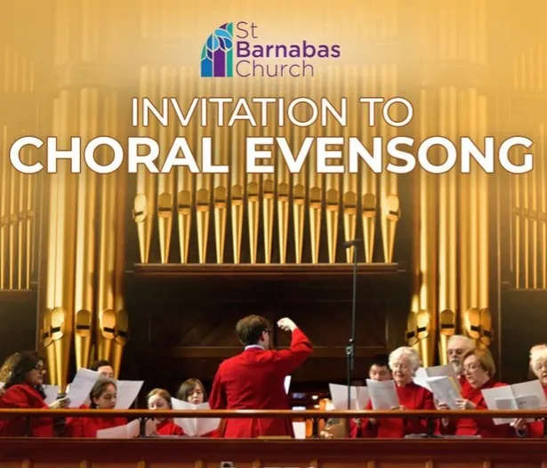 Poster inviting worshippers to Choral Evensong, choir robed in red before the organ pipes