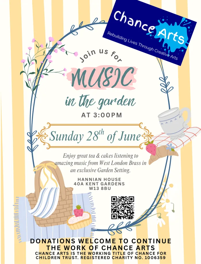 Illustrated poster for Chance Arts' Music in the Garden picnic afternoon