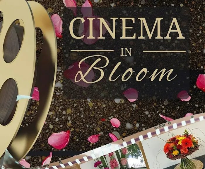 Cinema in Bloom graphic with a film reel, rose petals and floral bouquets